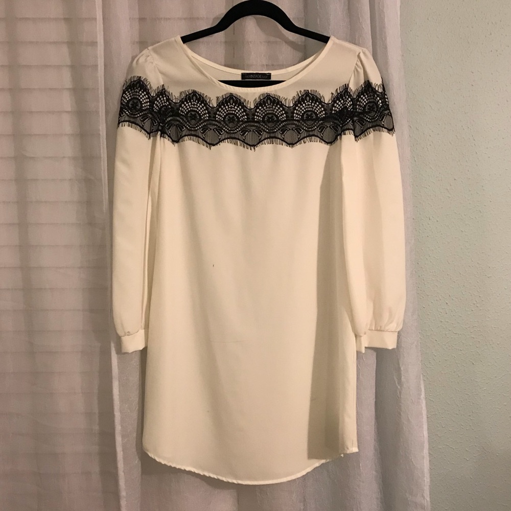 Long Sleeve White Dress with Black Lace Detail